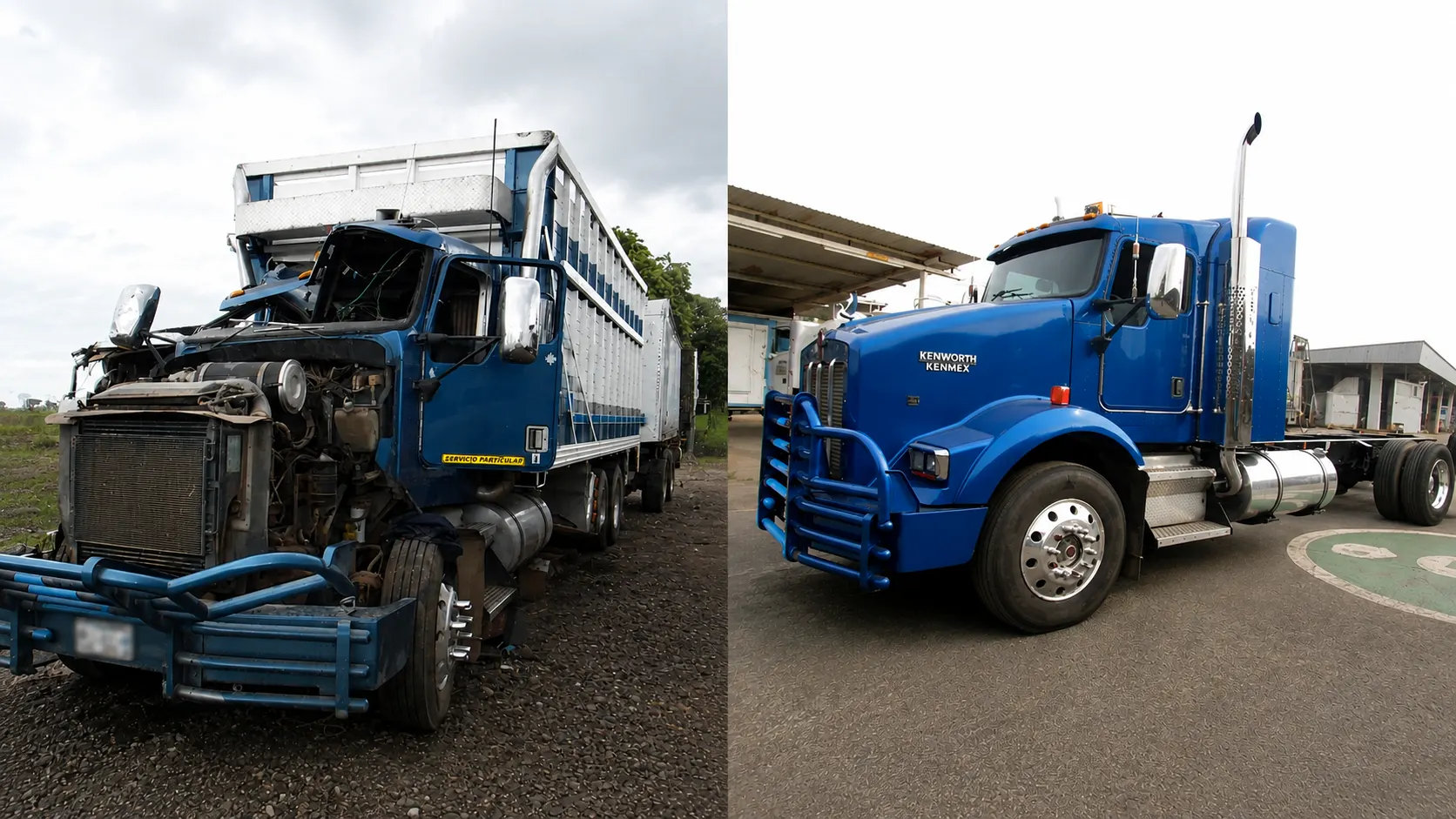 Kenworth azul antes y después de su reconstrucción en Talleres Saucedo, Uruapan