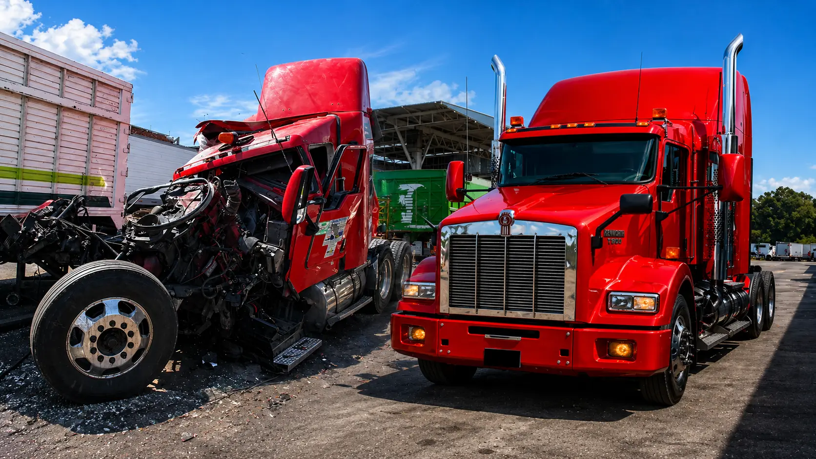 Kenworth T800 rojo antes y después de su reconstrucción en Talleres Saucedo, Uruapan